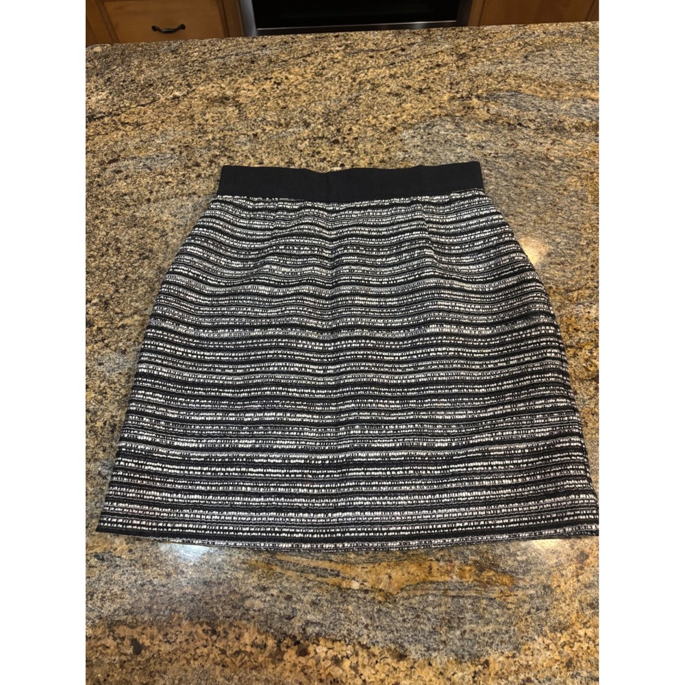 Milly Black White Tweed Metallic Mini Skirt Wool Size 4 Grosgrain Waist Back Zip